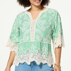 NWT Democracy Meadow Green Embroidered Crochet Trim Peplum Top Size M